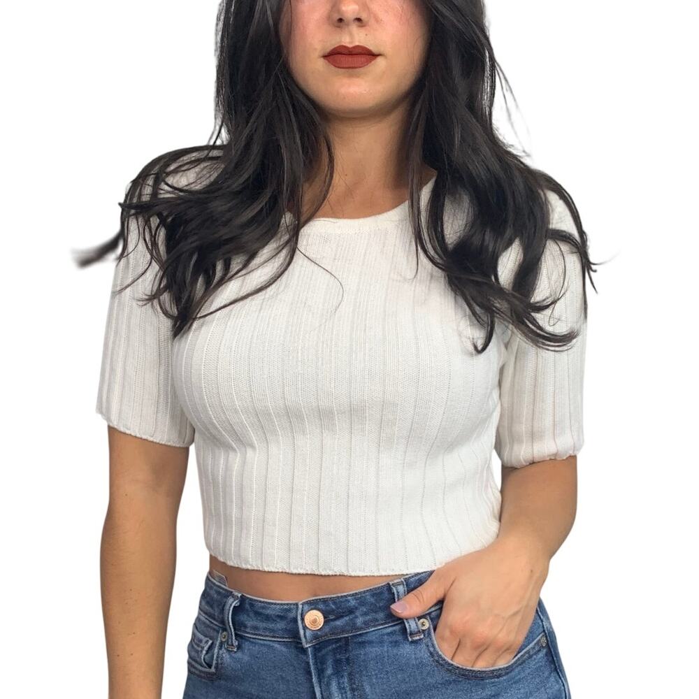 Style Addict White Cropped Crewneck Half Sleeve Sweater